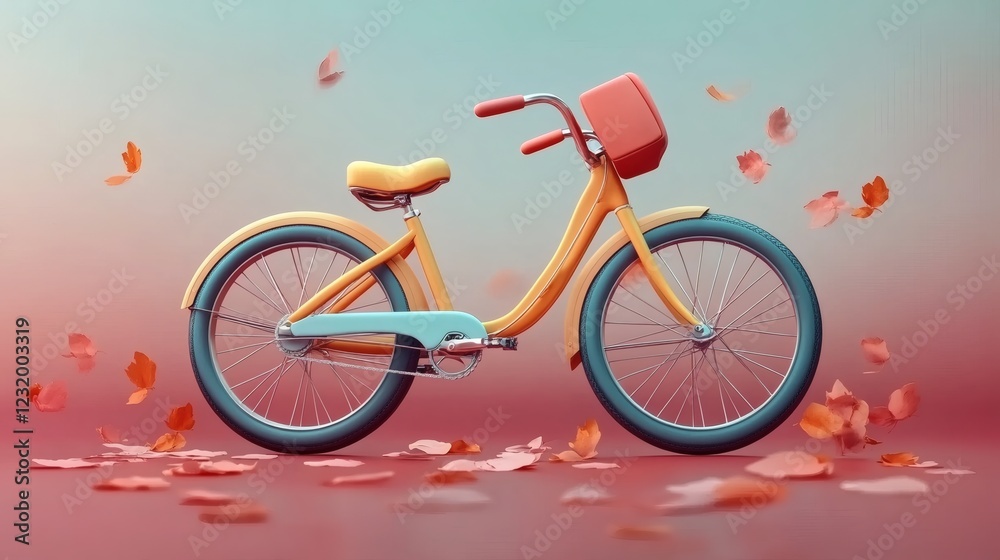 Fototapeta premium Brightly colored bicycle with autumn leaves floating around in a soft pastel background
