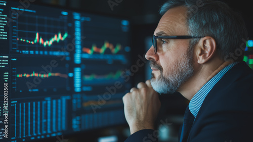 Wallpaper Mural Strategic Analysis: A contemplative businessman scrutinizes complex financial data displayed on multiple screens. Torontodigital.ca