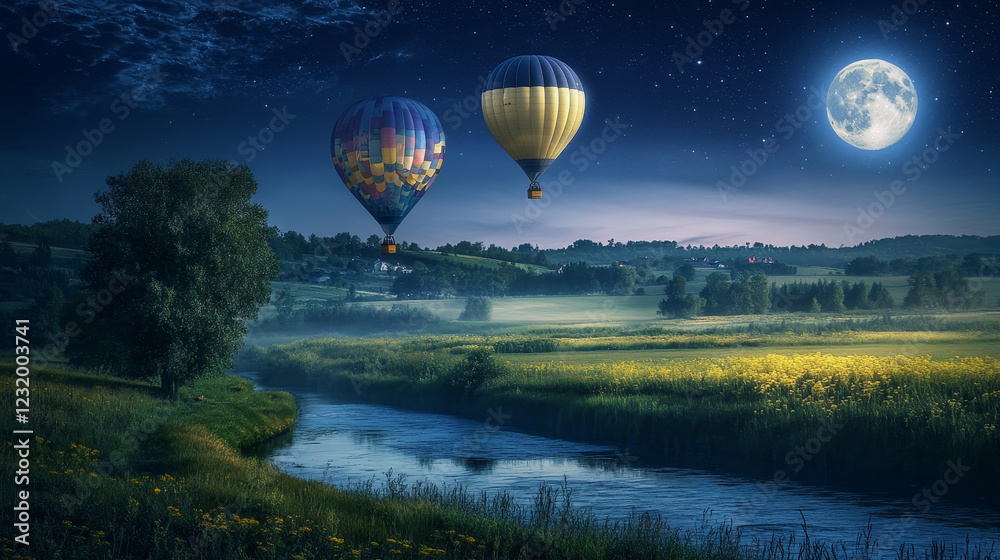 Fototapeta premium Summer landscape with flying hot air balloons, fields, trees and river at night. Vector cartoon illustration of countryside with moon in sky and colorful airships with baskets fly over meadows