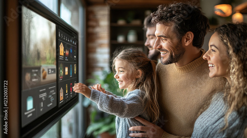 Smart Home. Modular home. A happy young family sets up an economical mode in maintenance on the monitor via the Smart Home app