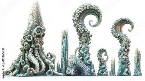 Octopus tentacles isolated set. Monster kraken or squid palps. Underwater animal antennas or feelers on white background. Fantasy creature cephalopod arms or legs, cthulhu palpus. Cartoon vector icons photo