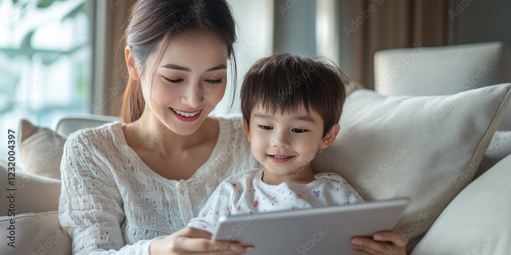 Asian daddy and his child chat online using tablet, read e-book, watch cartoon, learn to control smart home app while sitting on sofa in modern living room Asian daddy and his child chat online using tablet, read e-book, watch cartoon, learn to control smart home app while sitting on sofa in modern living room
