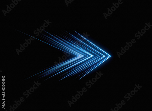 A vibrant blue arrow, composed of dynamic light streaks, points right against a stark black background.  It evokes speed, progress, and futuristic technology.