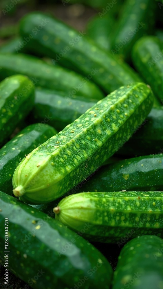Cluster of fresh, green cucumbers is resting peacefully on a table. Generative AI Cluster of fresh, green cucumbers is resting peacefully on a table. Generative AI