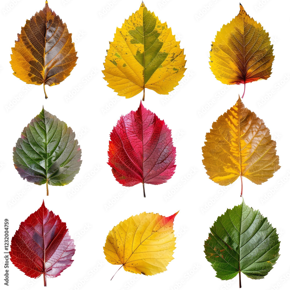 Fototapeta premium Collection of colorful autumn leaves in various shades of red, yellow, and green isolated on white background.