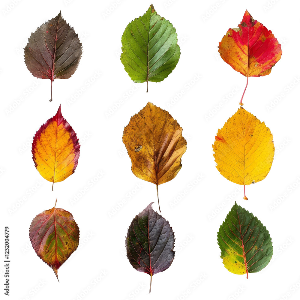 Obraz premium Collection of autumn leaves in various colors arranged in rows, isolated on white background, showcasing the beauty of nature in fall.