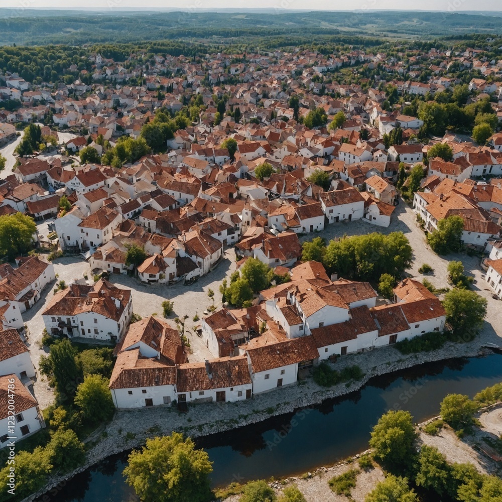 Obraz premium 4K cinematic aerial view of a quiet European village with cobblestone streets, pure white background