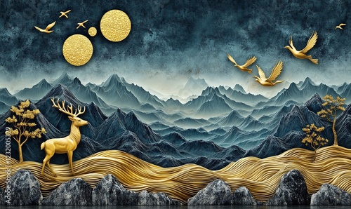 Golden deer, birds, mountains, serene landscape