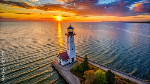Aerial view of Ann Arbor Lighthouse on Lake Huron with sunset in Michigan, ann arbor, waterfront