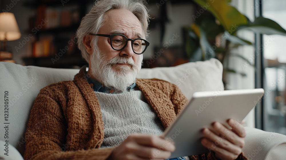 A man of retirement age holds a tablet and uses the Smart Home mobile application to control various smart home functions. sends text messages, communicates online, leisure, e-book, business A man of retirement age holds a tablet and uses the Smart Home mobile application to control various smart home functions. sends text messages, communicates online, leisure, e-book, business