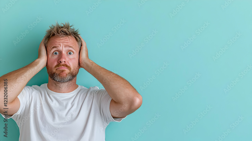 Man covering ears, stressed, blue background, copy space Man covering ears, stressed, blue background, copy space