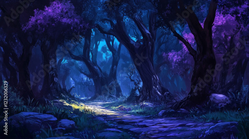 Fototapeta Naklejka Na Ścianę i Meble -  Scary dark forest at night. Halloween background with spooky woods. Vector cartoon illustration of creepy deep forest landscape with tree trunks, grass and stones