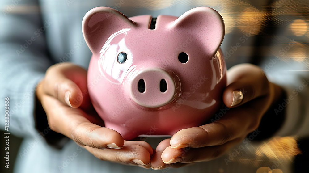 Closeup of hands gently holding a pink piggy bank against a bokeh background. Perfect for concepts of saving, financial security, and achieving financial goals. Closeup of hands gently holding a pink piggy bank against a bokeh background. Perfect for concepts of saving, financial security, and achieving financial goals.
