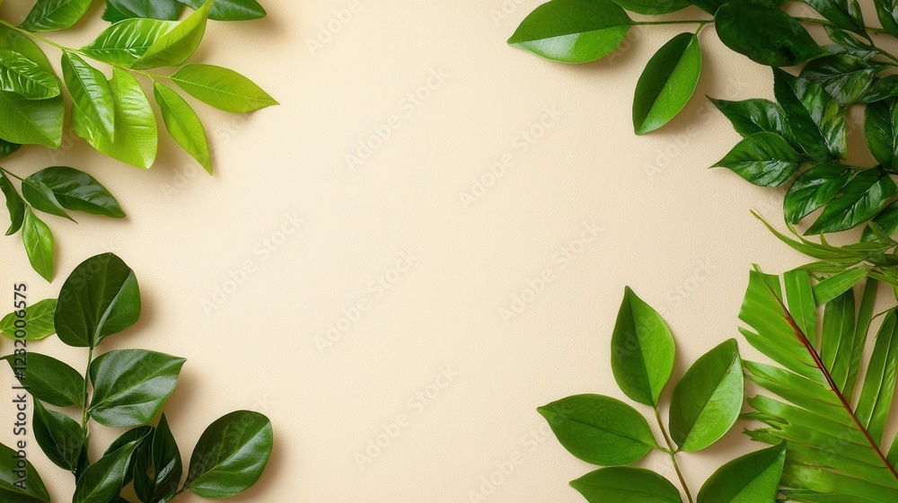 Fresh Green Leaves on Light Beige Background for Nature and Organic Designs