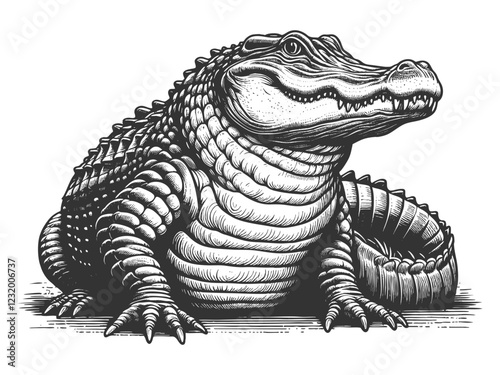 alligator in a classic vintage illustration style, showcasing its textured scales, sharp teeth, and powerful posture sketch engraving generative ai vector illustration. Scratch board. Black and white.