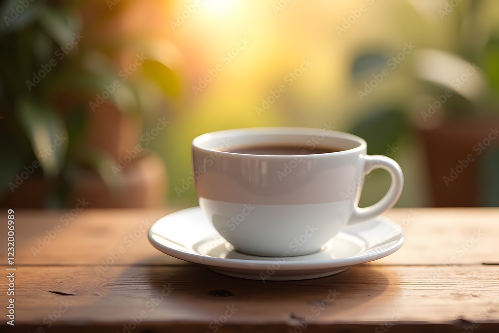 White coffee cup on wooden table in sunlit garden setting White coffee cup on wooden table in sunlit garden setting