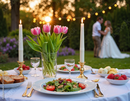 Love and romance at an outdoor dinner. Spring dinner table with fresh food and flowers photo