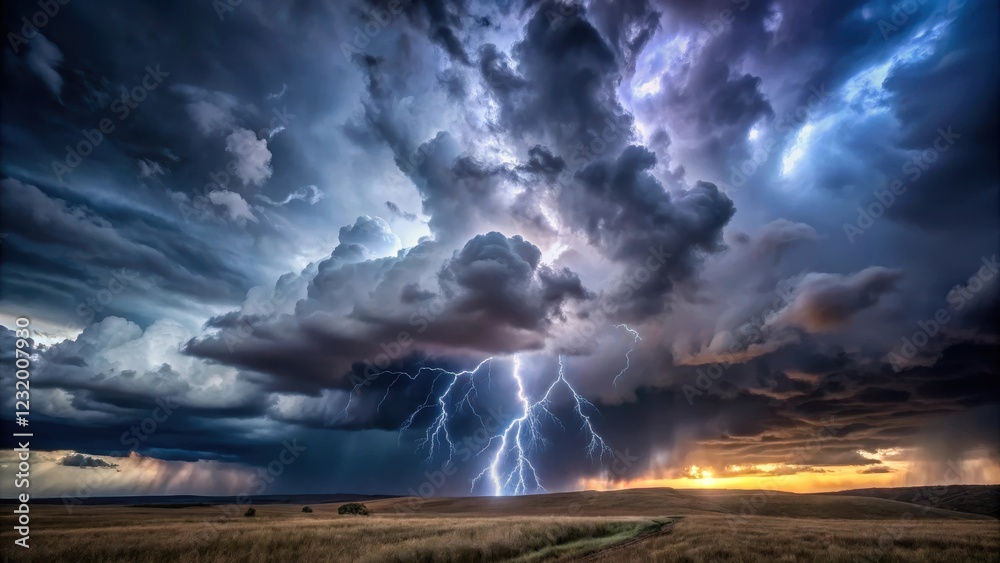 Dark grey storm clouds with lightning illuminate the night sky, casting an ominous glow over a deserted landscape, dramatic sky, cloudy skies Dark grey storm clouds with lightning illuminate the night sky, casting an ominous glow over a deserted landscape, dramatic sky, cloudy skies