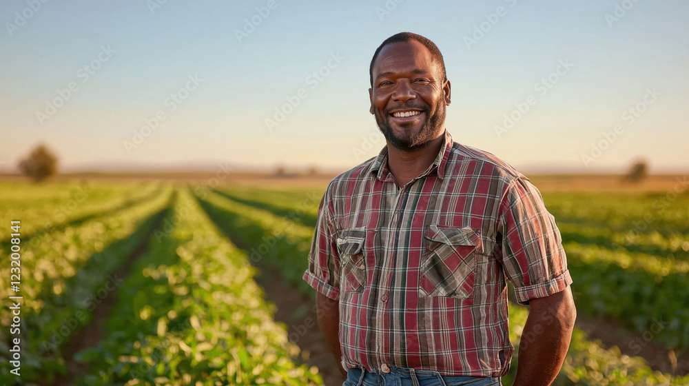 happy smiling farmer standing at green agriculture field happy smiling farmer standing at green agriculture field
