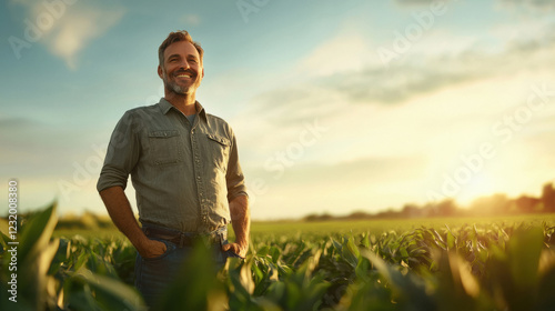 happy smiling farmer standing at green agriculture field