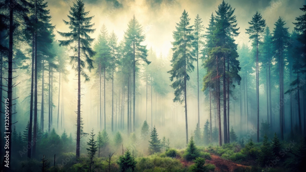 Forest Foggy Landscape with Tall Trees in Distressed Film Style Forest Foggy Landscape with Tall Trees in Distressed Film Style