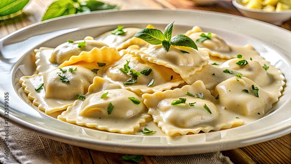 Authentic Italian ravioli bathed in a luscious creamy white sauce; a world-famous pasta delight. Authentic Italian ravioli bathed in a luscious creamy white sauce; a world-famous pasta delight.