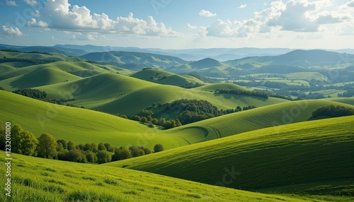 fCollines vertes sereines, paysage apaisant, nature paisible, ciel lumine