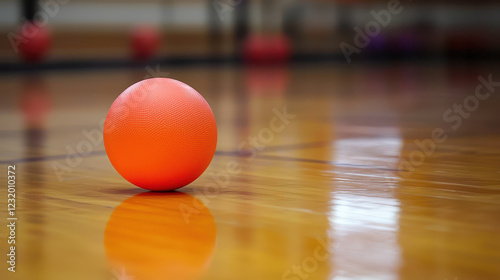 Bright orange dodgeball bouncing on polished gym floor during a game