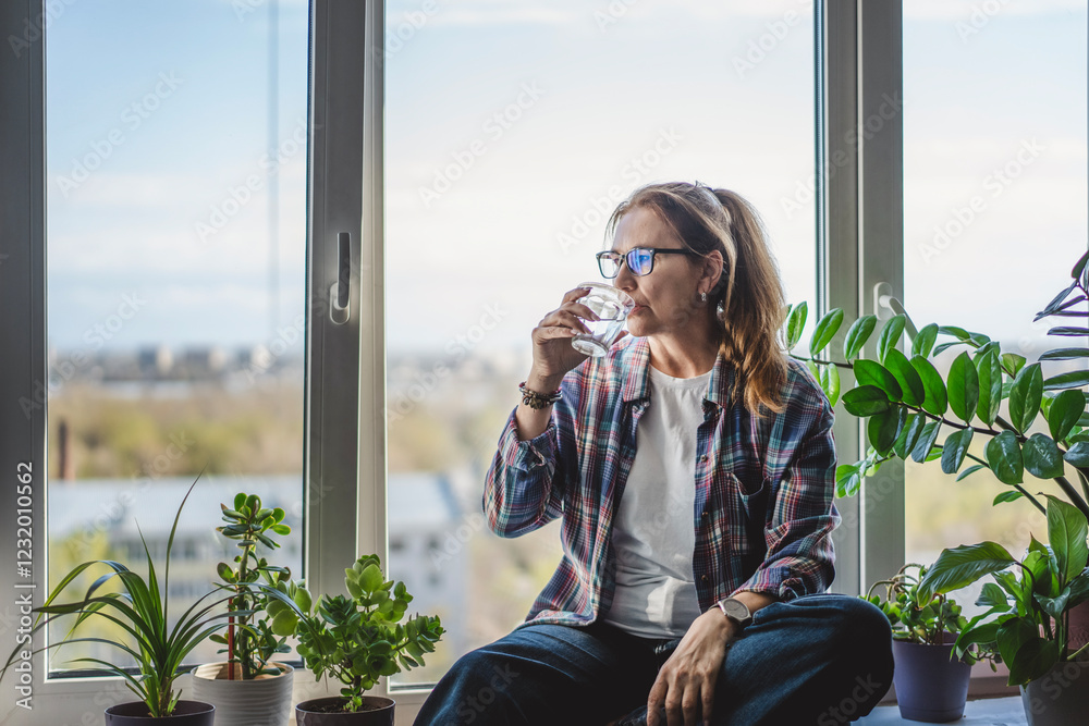 Caucasian middle aged woman drinking water from glass sitting on windowsill at home