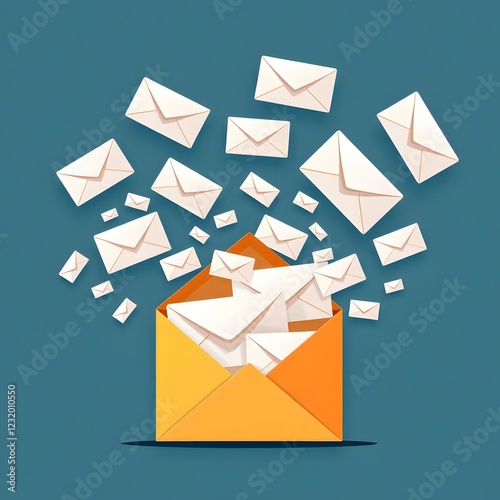 Creative concept of envelopes overflowing from opened yellow envelope