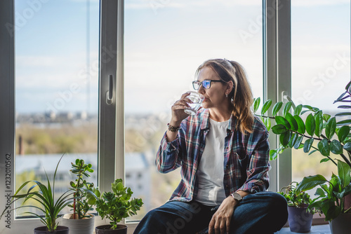 Obraz na płótnie Caucasian middle aged woman drinking water from glass sitting on windowsill at home w salonie