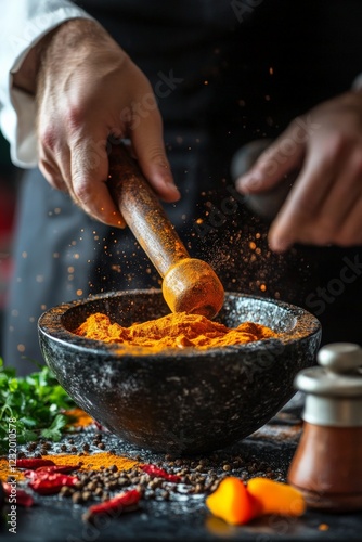 A chef preparing Indian curry with a mortar and pestle full of spices