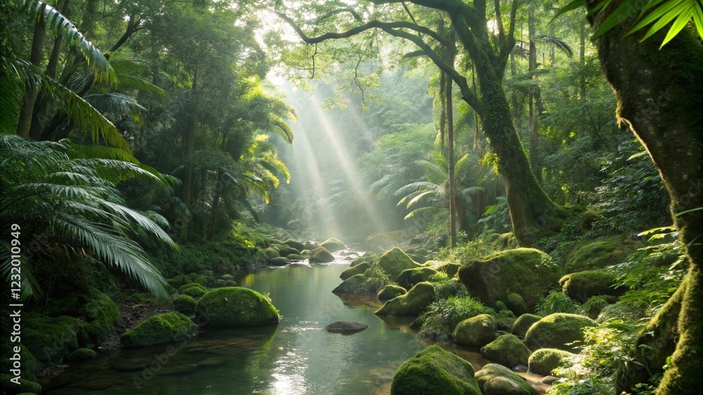 Fototapeta premium Peaceful Jungle Stream with Sunlight and Moss