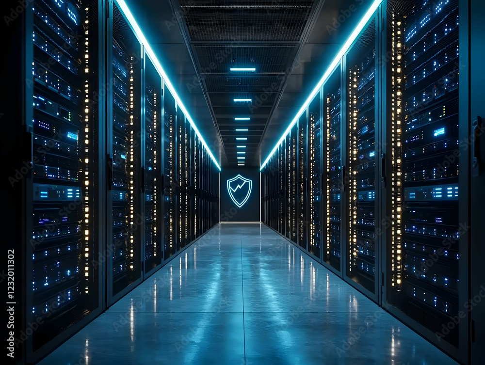 Fototapeta premium Secure data center server room, glowing lights