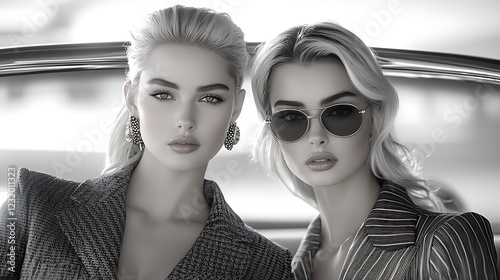 Lesbian couple styled in avant-garde fashion, surrounded by an arcade supernova and midcentury modern elements with moody high-grain black-and-white film details, Ultra-Realistic, Photo Realistic, 