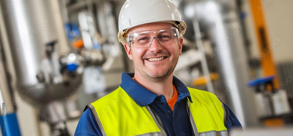 Smiling engineer in factory, industrial background Smiling engineer in factory, industrial background