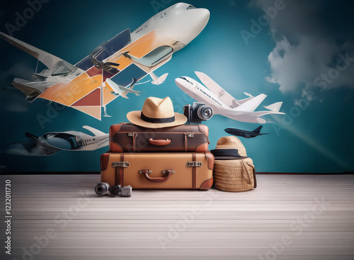 Vintage suitcases sit on a wooden surface, ready for a journey.  Surrounding them, airplanes soar across a vibrant sky, suggesting exciting travel adventures.