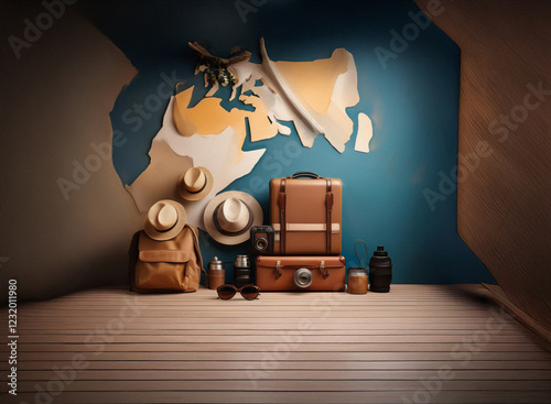 A collection of travel essentials luggage, hats, camera, and water bottles are arranged before a stylized world map on a teal wall, suggesting wanderlust and adventure. photo