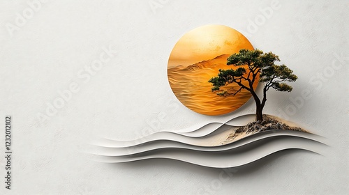 Desert-inspired Art Oasis logo blending soft minimalism with warm tones and gold details, laid on a clean textured background, digitally crafted with precision and artistic gradients, Ultra-Realistic,
