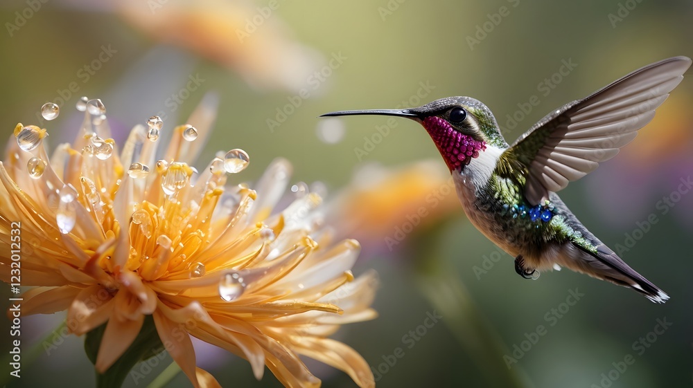 Fototapeta premium Hummingbird in Flight Near Wildflower