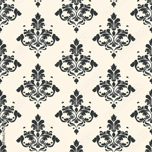 Elegant black damask pattern on a cream background, perfect for interior design.