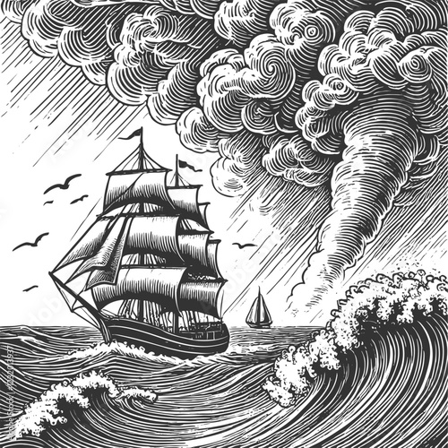 sailing ship navigating rough ocean waves, with dramatic storm clouds and a tornado in the background sketch engraving generative ai vector illustration. Scratch board imitation. Black and white image