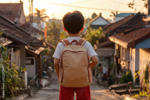 g elementary school child standing with backpack photo