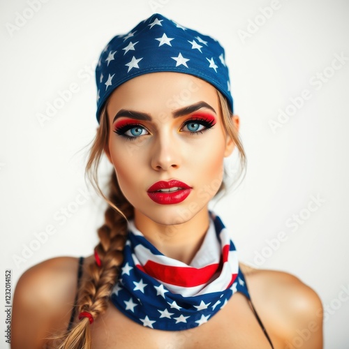 Beautiful woman with striking eyes and bold makeup wearing a star-patterned bandana and scarf on a neutral backdrop