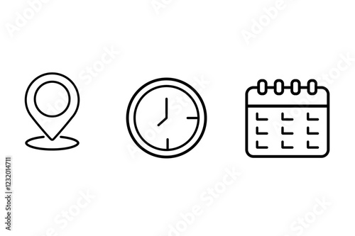 Time, date and address icon set. Calendar, clock, location. Editable stroke. Linear vector outline illustration. Vector illustration.