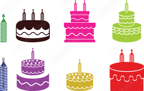 Cakes flat or line icon set collection. Vector of different types of beautiful modern cakes such as chocolate cake, Napoleon cake, tiramisu , eclair and cheesecake. Isolated on transparent background.