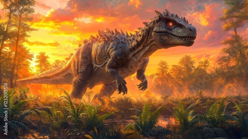 Majestic Dinosaur Standing in Lush Prehistoric Landscape During a Vibrant Sunset