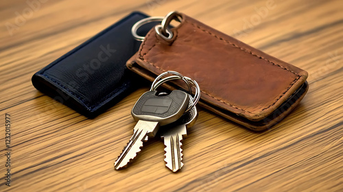 Closeup of two stylish leather key holders with metal keys resting on a wood surface.  Perfect for concepts of security, home, travel, or real estate.