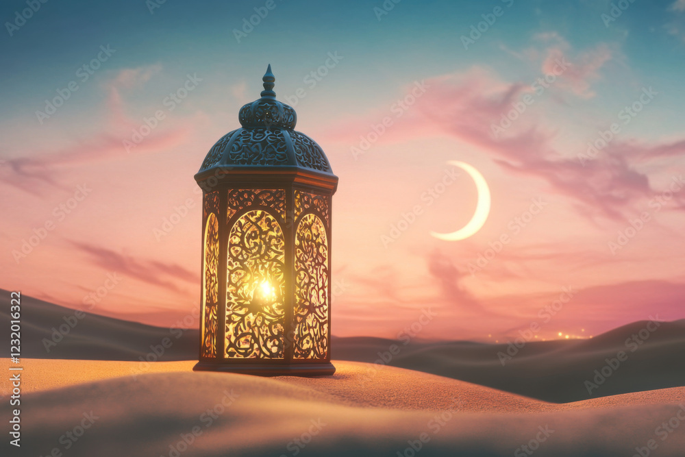 Ornamental Arabic lantern with burning candle Ornamental Arabic lantern with burning candle