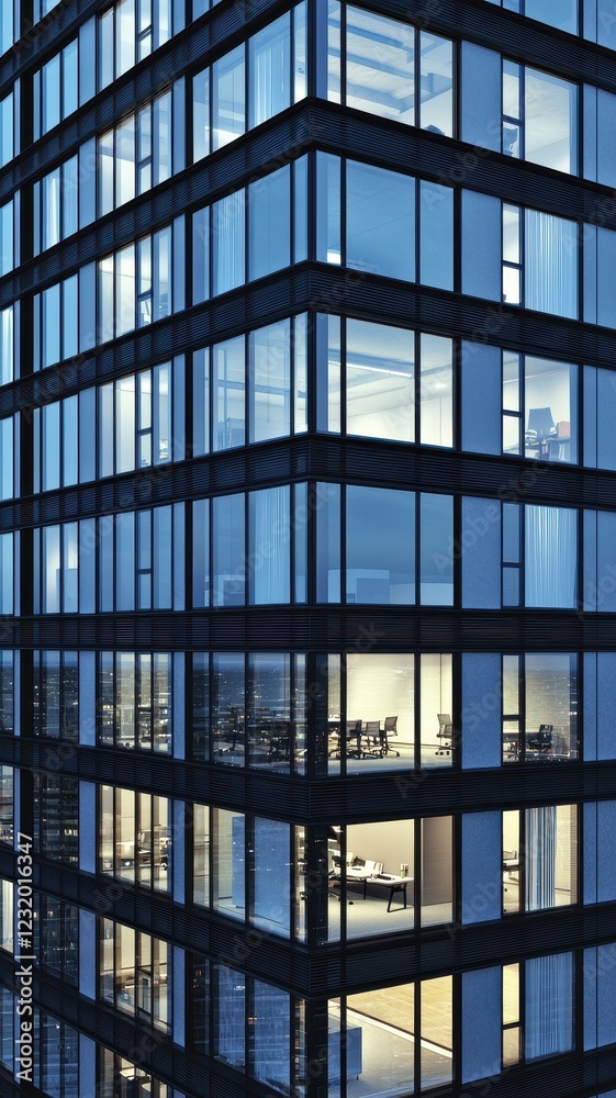 Obraz premium Modern Office Building Exterior at Night Illuminated Windows Cityscape View